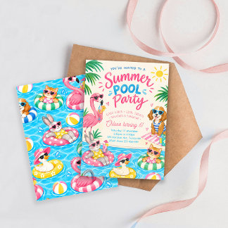 Sommer-Poolparty-Geburtstag, Kinder-Tier-Poolparty Einladung