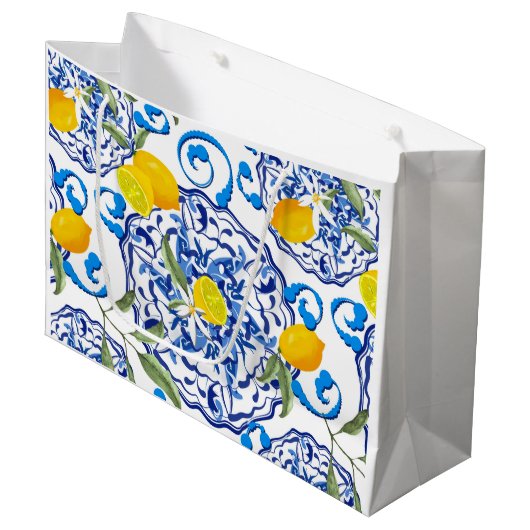 Sommer,Portugiesische Fliesen,Zitrusfrüchte,Zitron Große Geschenktüte (Vorderseite Schrägansicht)
