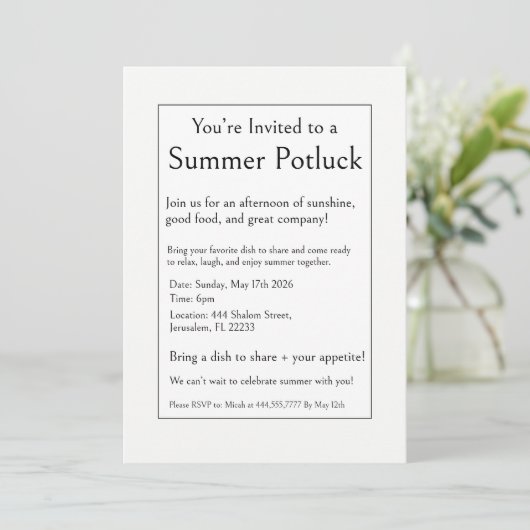 Sommer-Potluck-Party, modern, schlicht, minimal Einladung (Stehend Vorderseite)