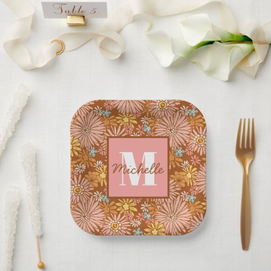Sommer Retro-Blume | Monogramm-Papierteller Pappteller (Hochzeit)