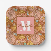Sommer Retro-Blume | Monogramm-Papierteller Pappteller (Vorderseite)