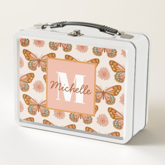 Sommer Retro Schmetterling | Monogramm-Lunchbox Metall Brotdose (Vorderseite)