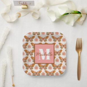 Sommer Retro Schmetterling Monogramm-Papiertelle Pappteller