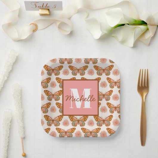 Sommer Retro Schmetterling | Monogramm-Papiertelle Pappteller (Hochzeit)
