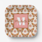 Sommer Retro Schmetterling | Monogramm-Papiertelle Pappteller (Vorderseite)
