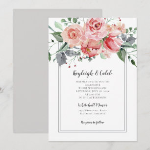 Sommer-Rosa-Rosen-Hochzeit mit Grau-Grünen Blätter Einladung