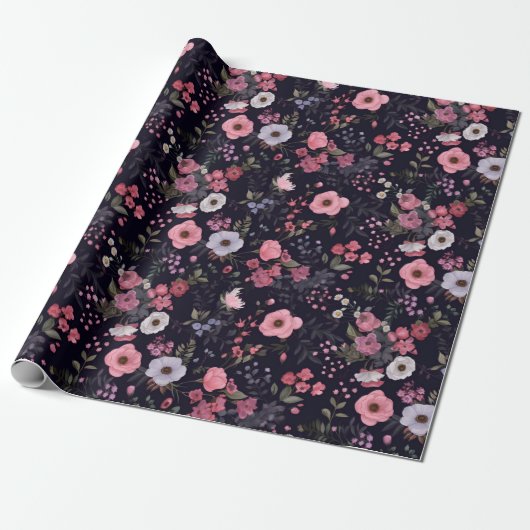 Sommer-Rose Muster auf schwarz Geschenkpapier (Ungerollt)