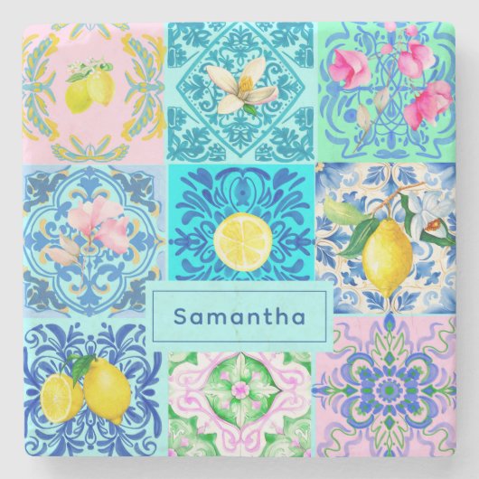 Sommer sizilianisch türkis bunt azulejo Amalfi Steinuntersetzer (Vorderseite)