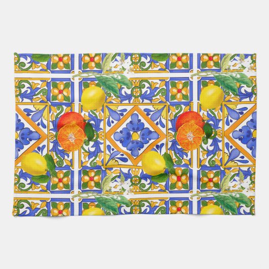 Sommer ,sizilianische Fliesen,Zitrusfrüchte,Orange Geschirrtuch (Horizontal)
