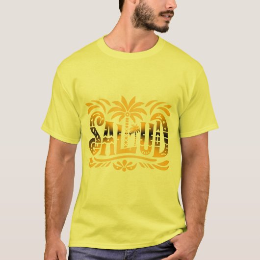 Sommer Sonne und Meer - "SALUD" - Palmendekor T-Shirt (Vorderseite)