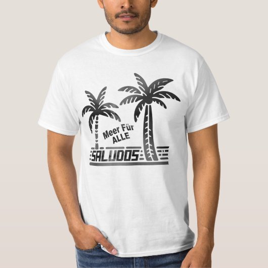 Sommer Sonne und Meer - "SALUDOS" - Palmendekor T-Shirt (Vorderseite)