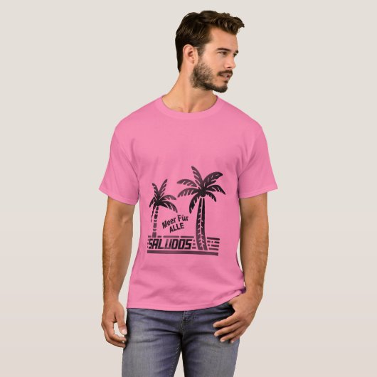 Sommer Sonne und Meer - "SALUDOS" - Palmendekor T-Shirt (Vorne ganz)