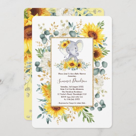 Sommer-Sonnenblume-Elefant-Grün-Babyparty Einladung (Vorne/Hinten)