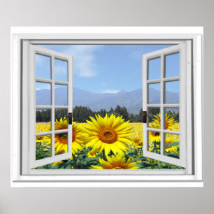 Sommer-Sonnenblumen-Gartenansicht Falsches Fenster Poster