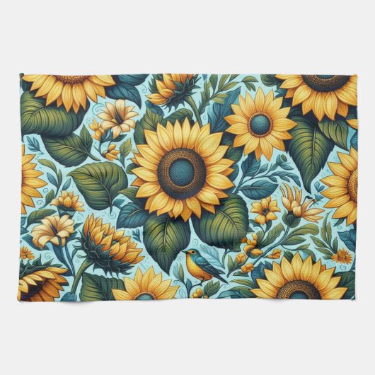 Sommer/Sonnenblumen/Vogel Geschirrtuch (Horizontal)