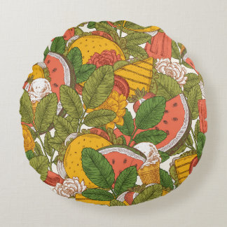 Sommer-Speisen-Vintage-Illustrationsmuster Rundes Kissen