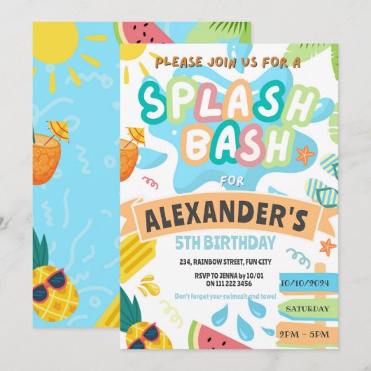 Sommer-Splash-Poolparty-Jungen-Bash-Wasserpark Einladung (Vorne/Hinten)