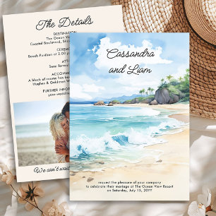 Sommer-Strand-Aquarell-Hochzeit & Details Foto Einladung