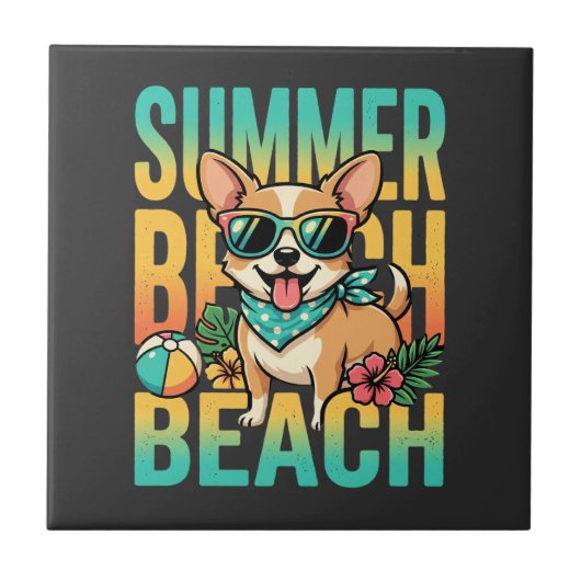 Sommer Strand Hund Urlaub Vektor Fliese (Vorderseite)