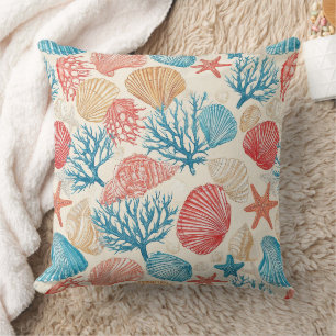 Sommer Strand Muschel Seestern Blau Rot Muster Kissen
