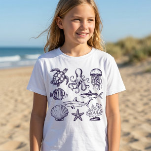 Sommer-Strand-Schildkröte Fisch Hai Tintenfisch M T-Shirt