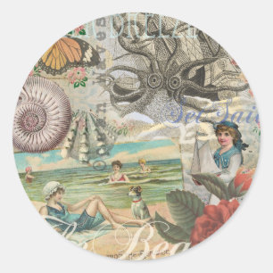 Sommer Strand Vintage Oktopus Antik Segeln Runder Aufkleber