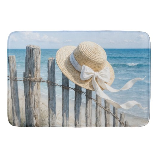 Sommer-Strohhut auf Strandzaun Badematte (Vorderseite)