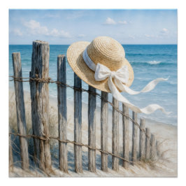 Sommer-Strohhut auf Strandzaun Poster