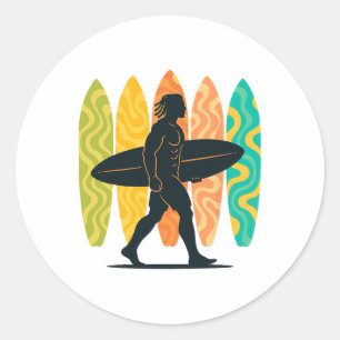 Sommer-Surfboarder-Welle-Surfen-Surfbrett-Strand-S Runder Aufkleber