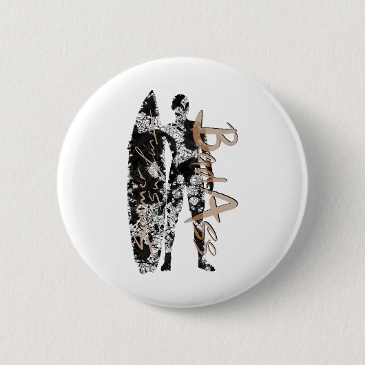 Sommer-Surfer in Schwarz mit Surfboard D Me Button (Vorderseite)