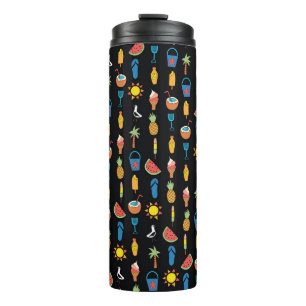 Sommer-Symbole Nahtloser schwarzer Hintergrund Thermosbecher