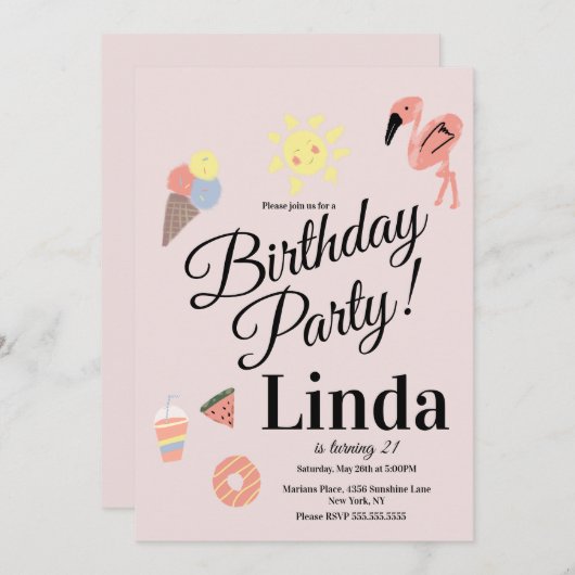 Sommer Thema Geburtstag Handgezeichnete Doodles Einladung (Vorne/Hinten)