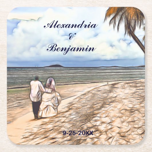 Sommer Tropical Beach Hochzeit Wasserfarbe Custom Rechteckiger Pappuntersetzer (Vorderseite)