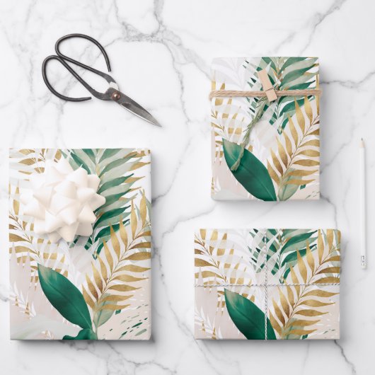 Sommer Tropical Green Gold Palm Foliage Grüne Geschenkpapier Set (Vorderseite)