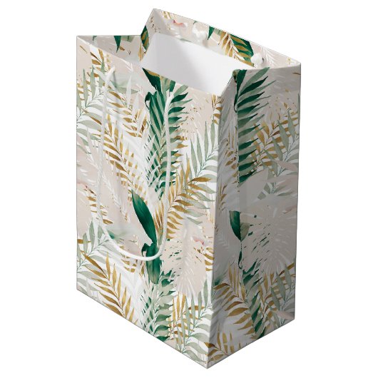 Sommer Tropical Green Gold Palm Foliage Grüne Mittlere Geschenktüte (Vorderseite Schrägansicht)