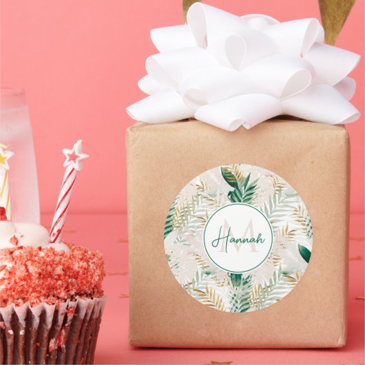 Sommer Tropical Green Gold Palm Foliage Grüne Runder Aufkleber (Party)