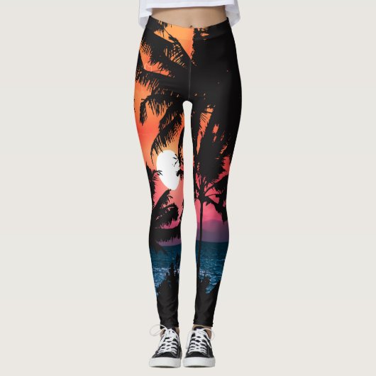 Sommer tropisch rosa Orangenpalmen Sonnenuntergang Leggings (Vorderseite)