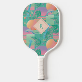 Sommer Vaporwave Sonnenuntergang und Palmen Bäume Pickleball Schläger