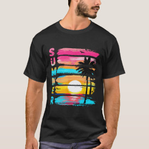 Sommer-Vibes Retro-Strand-Sonnenuntergang-Palmenba T-Shirt