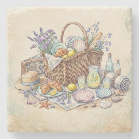 Sommer-Vibes-Wasserfarben-Strand-Picknickkorb Steinuntersetzer (Vorderseite)