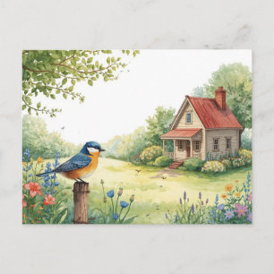 Sommer Vogel Natur Haus Postkarte Aquarell