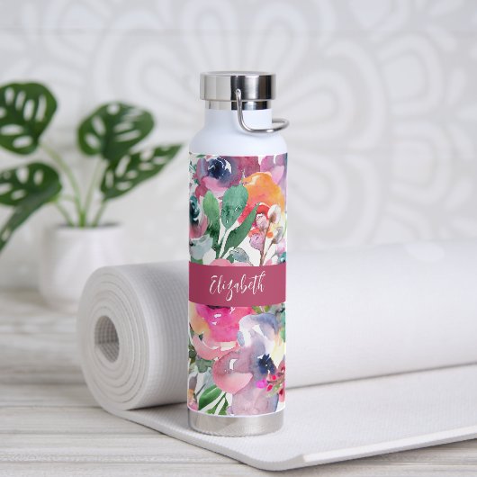 Sommer-Wasserfarbe-Blumen-Monogramm-Name Trinkflasche (Yoga (gedreht))