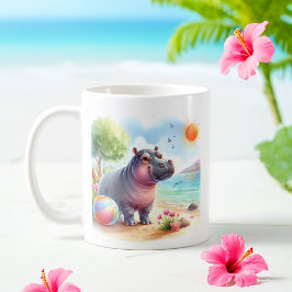Sommer Wasserfarbe Hippopotamus am Strand Kaffeetasse