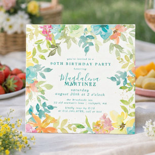 Sommer-Wasserfarben-Blumen-Quadrat 90. Geburtstag Einladung