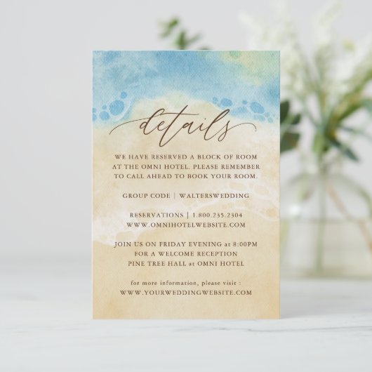 Sommer-Wasserfarben-Strand Hochzeitsdetails Begleitkarte (Stehend Vorderseite)