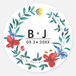 Sommer-Wildblumen-Monogramm-Hochzeit Runder Aufkleber