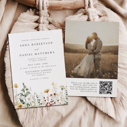 Sommer-Wildblumenfeld-QR-Code-Hochzeitsfoto Einladung