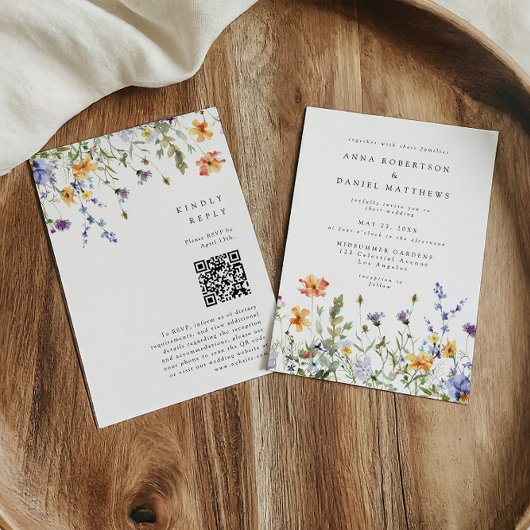 Sommer-Wildblumengarten-QR-Code-Hochzeit Einladung