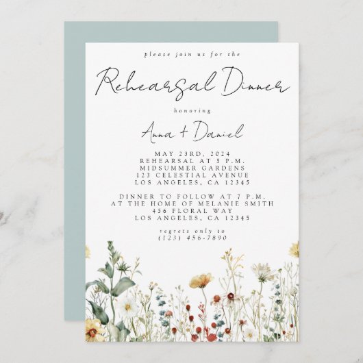 Sommerabend Wildblume Hochzeit Probe Dinner Einladung (Vorne/Hinten)