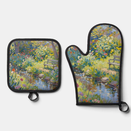 Sommerbach Blumen Ofenhandschuh & Topflappen-Set (Vorderseite)